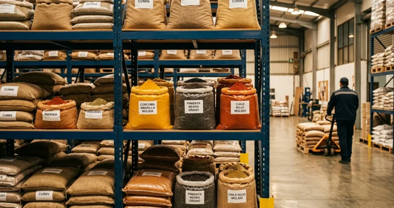 Almacén mayorista de especias al por mayor con sacos de condimentos organizados en estantes industriales