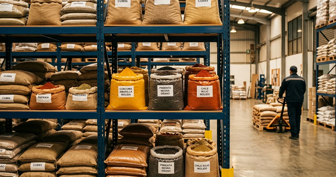 Almacén mayorista de especias al por mayor con sacos de condimentos organizados en estantes industriales