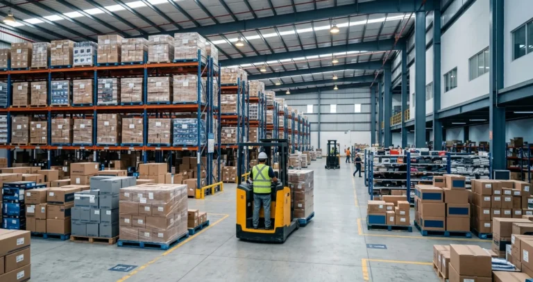 Distribuidores de mercancía china en México — centro de distribución B2B con pallets y cajas importadas