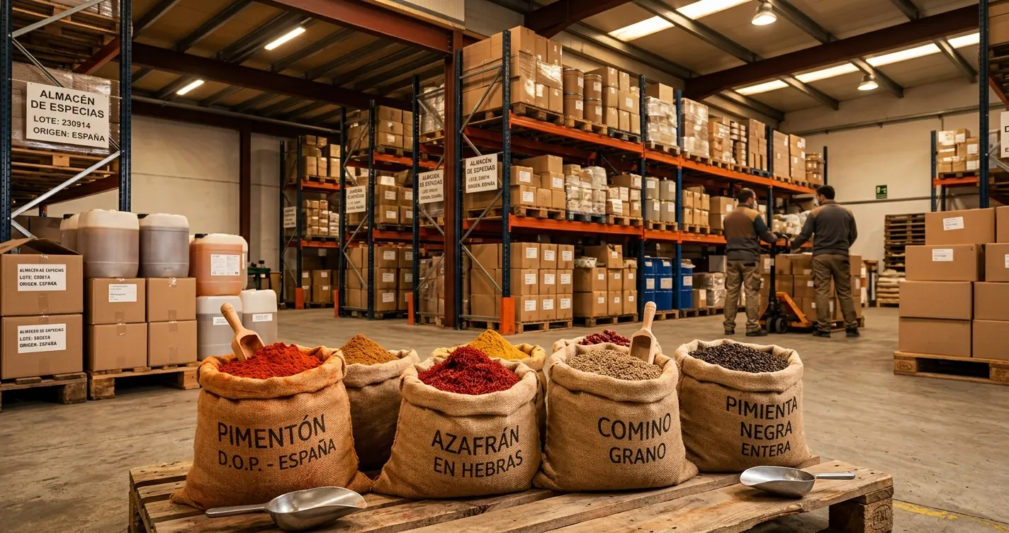 Distribuidores de especias en España — almacén mayorista con sacos de pimentón, azafrán y pimienta en un centro de distribución B2B