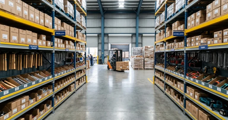 Distribuidores Truper en Mexico 2026 — almacen mayorista de herramientas y ferreteria con estanterias industriales y palets de producto