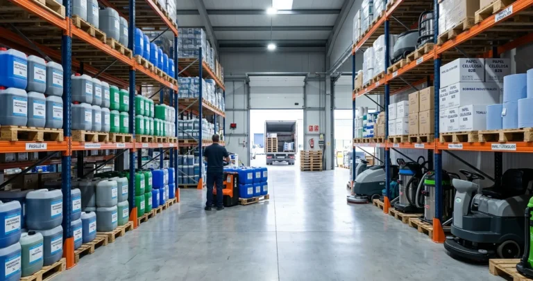 Distribuidores de productos de limpieza en Madrid 2026 — almacen mayorista con garrafas industriales, papel celulosa y maquinaria profesional en estanterias