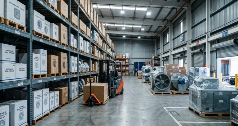 Distribuidores de Soler & Palau en Mexico 2026 — almacen mayorista de ventiladores axiales, extractores centrifugos y unidades de recuperacion de calor en estanterias industriales
