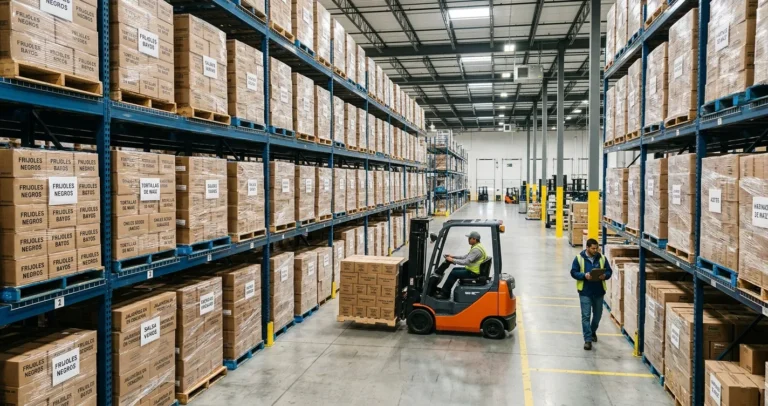 Distribuidores de productos latinos al por mayor en USA — Almacén mayorista B2B con productos latinoamericanos en pallets