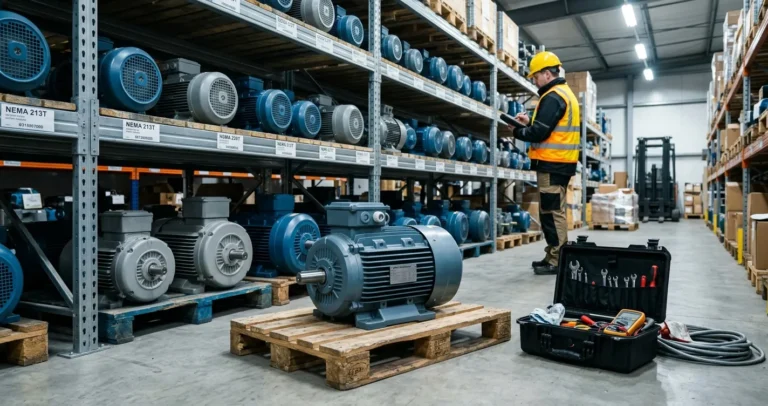 Distribuidores de motores Baldor en México: almacén industrial con motores eléctricos NEMA Premium en estantería