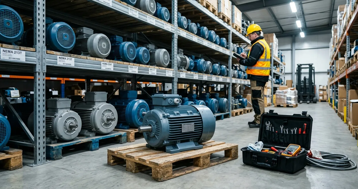 Distribuidores de motores Baldor en México: almacén industrial con motores eléctricos NEMA Premium en estantería