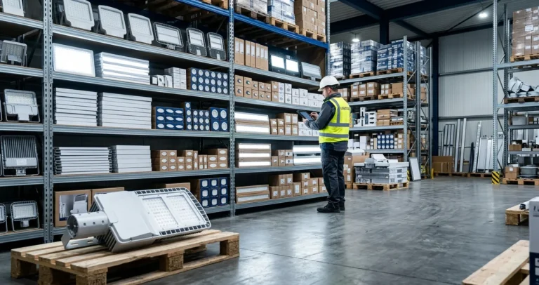 Distribuidores Cooper Lighting en México: almacén con luminarias LED profesionales en estantería industrial