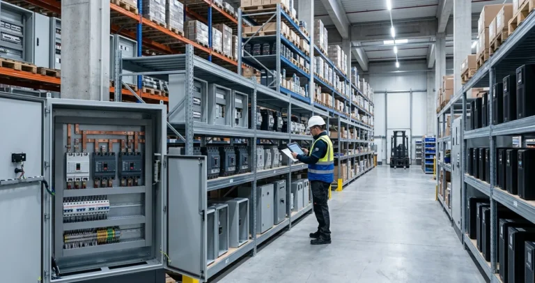 Distribuidores Eaton en México: almacén con tableros, interruptores y equipos eléctricos industriales en estantería