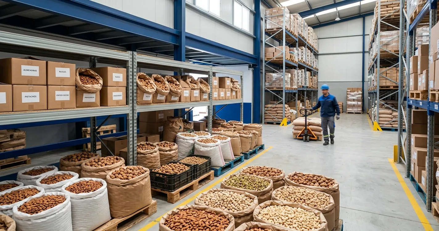Distribuidores de frutos secos en Madrid — almacen mayorista con sacos de almendras, nueces y pistachos a granel