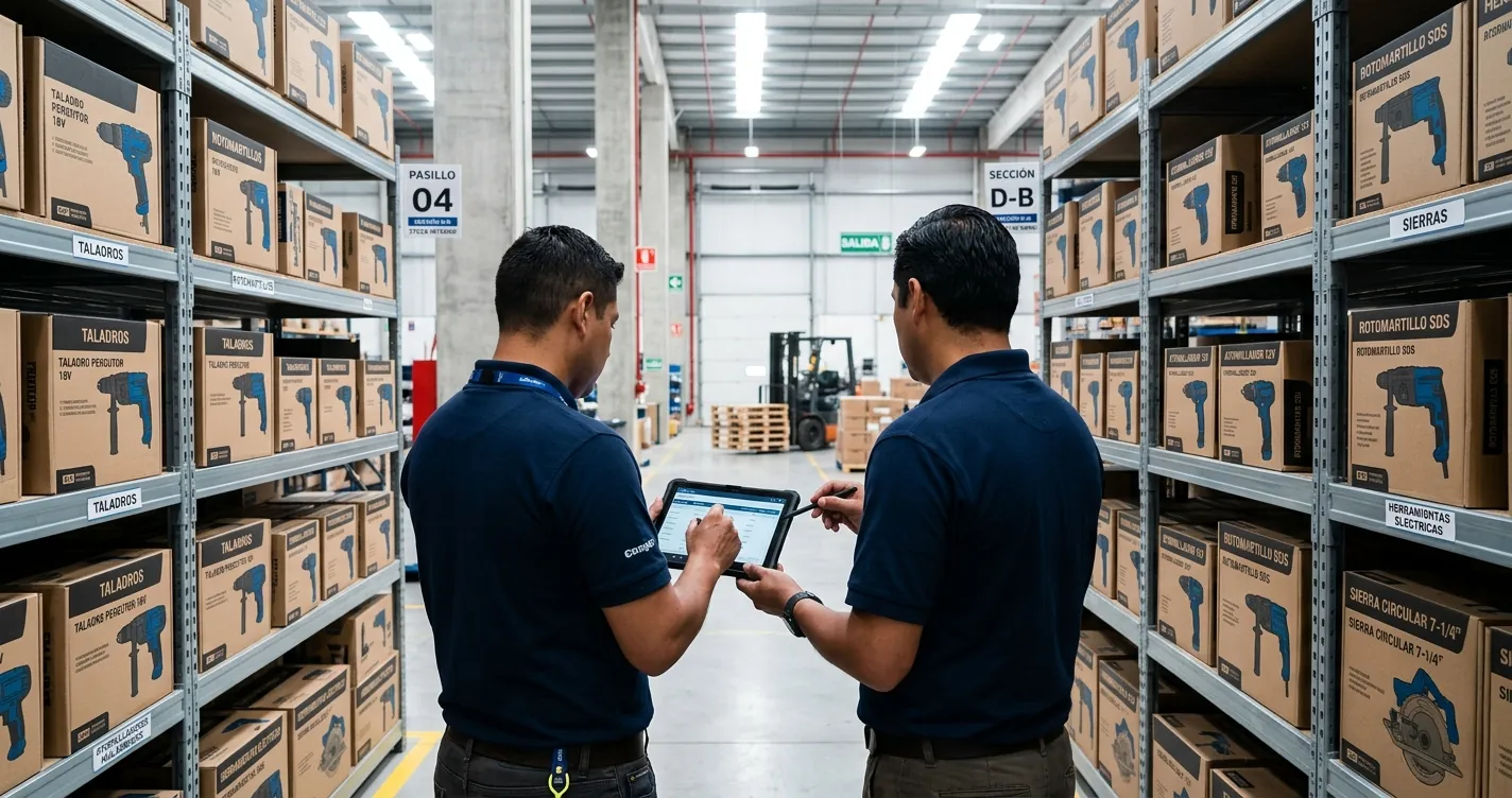 Distribuidores de herramientas eléctricas al por mayor en México — almacén mayorista con taladros y herramientas industriales en estantes