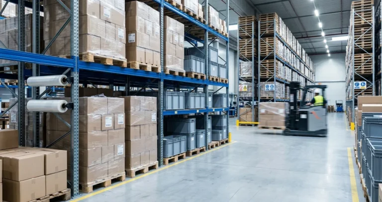 Distribuidores de empaques y envases industriales en México — almacén con cajas de cartón, film stretch y contenedores plásticos