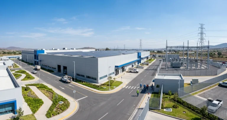 Proveedores de energía para empresas en México — planta industrial con subestación eléctrica y paneles solares