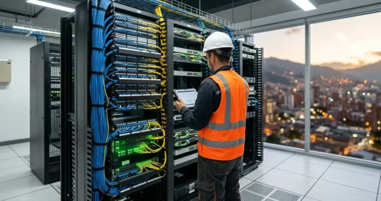 Lista de proveedores de internet en Ecuador: sala de fibra óptica con racks y patch panels de un ISP