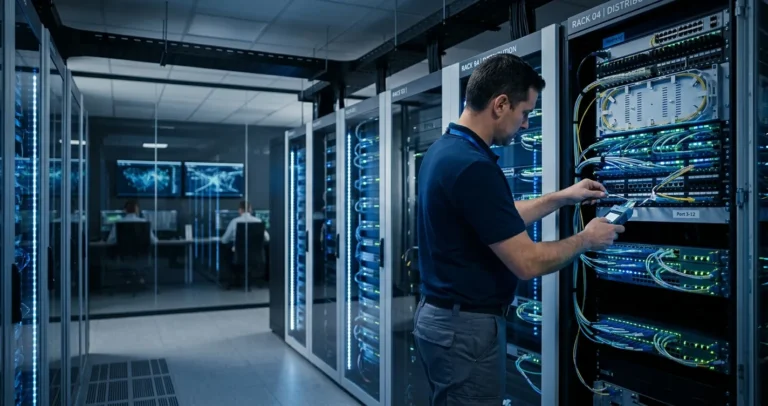Proveedores de internet en Guatemala — centro de operaciones de red con fibra óptica