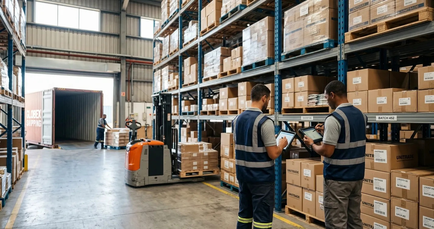 Proveedores de productos importados al por mayor en México — almacén mayorista con mercancía de importación paletizada