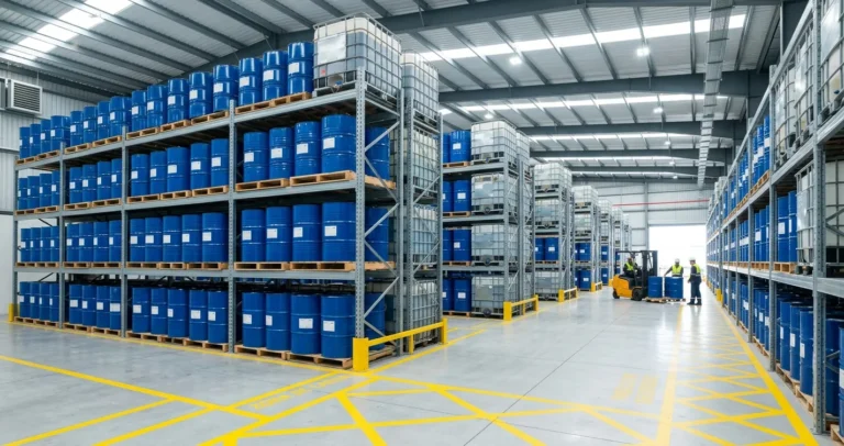 Distribuidores de productos químicos industriales en México — almacén de tambores y contenedores IBC