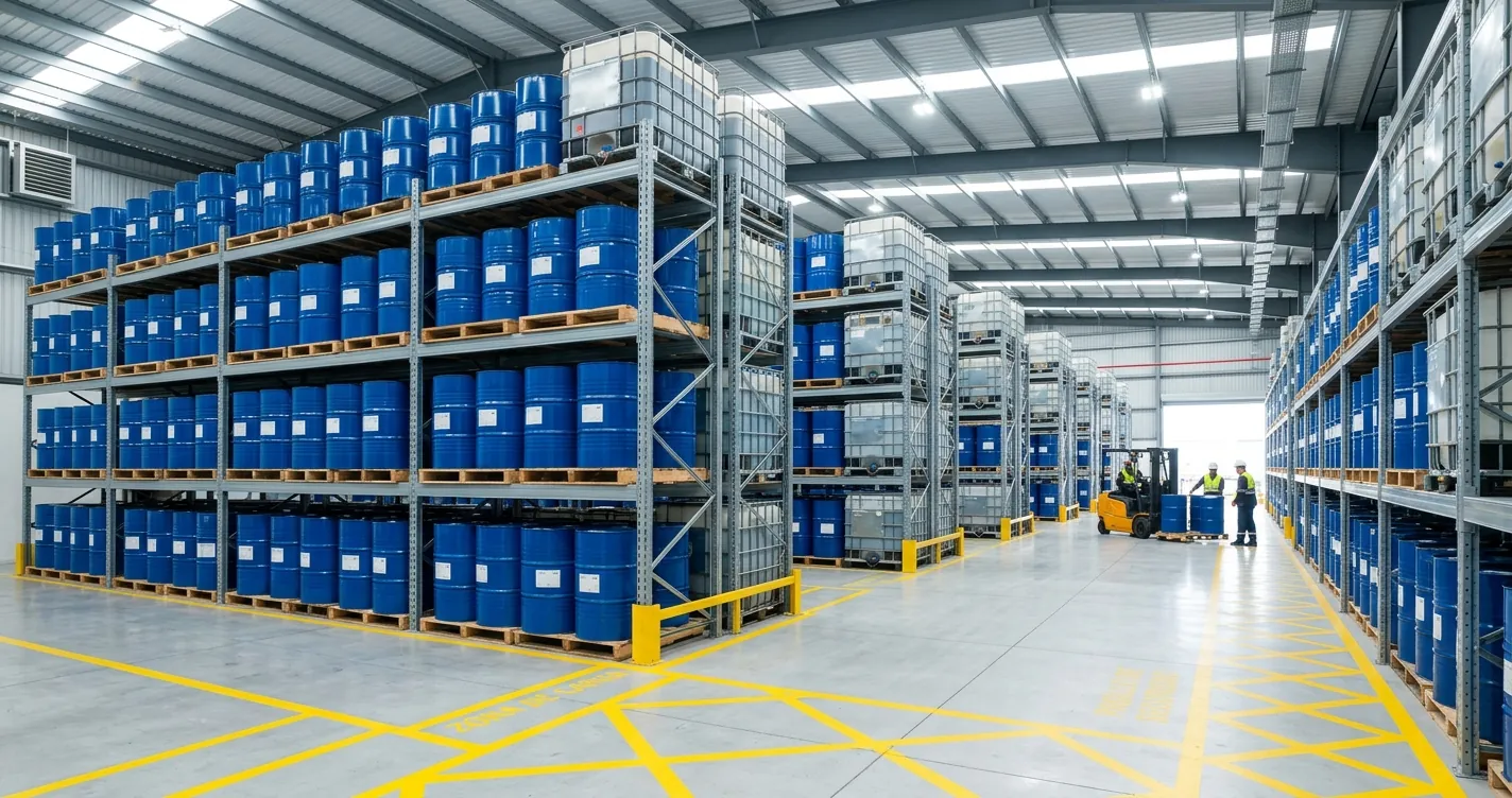 Distribuidores de productos químicos industriales en México — almacén de tambores y contenedores IBC