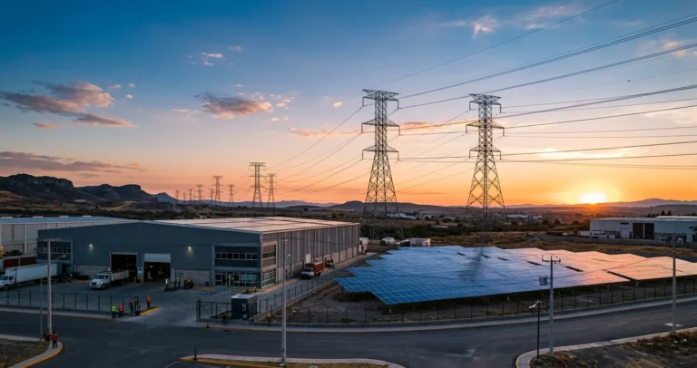 Proveedores de energía eléctrica en México: red de transmisión de alta tensión junto a una planta industrial con paneles solares