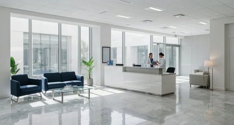 Red de proveedores medicos palig panama: recepción de clínica privada en Ciudad de Panamá con admisión y sala de espera del directorio médico
