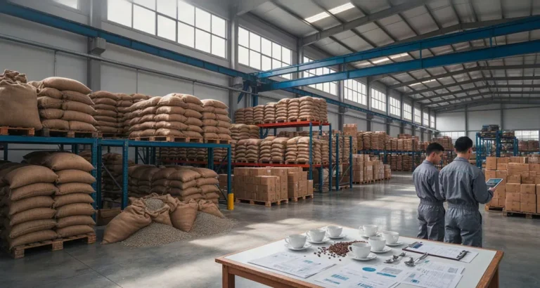 Distribuidores de cafe al por mayor en Mexico: bodega mayorista B2B con costales de café de altura, grano verde y tostado listo para embarque