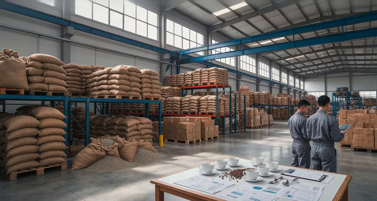 Distribuidores de cafe al por mayor en Mexico: bodega mayorista B2B con costales de café de altura, grano verde y tostado listo para embarque