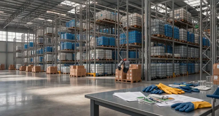 Distribuidores de articulos de limpieza industrial en Mexico: almacén B2B con bidones de detergentes, desengrasantes y sanitizantes listos para embarque