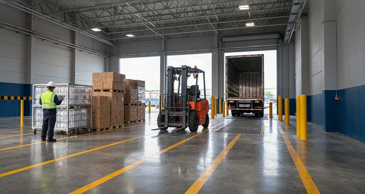 Distribuidores de alimentos en Mexico: centro de distribución B2B con tarimas de abarrotes, producto refrigerado y andén de carga listo para embarque