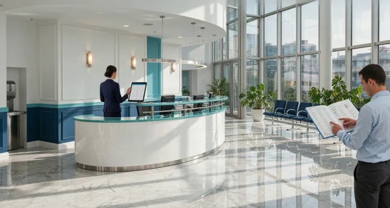 Pan American Life Panama red de proveedores: asegurado consultando el directorio médico de la red PALIG en la recepción de una clínica de Ciudad de Panamá