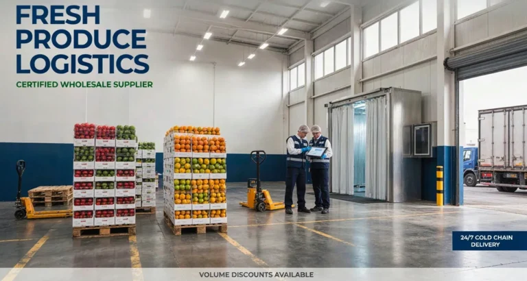 Proveedores de frutas y verduras al por mayor en mexico: tarimas con cajas de jitomate, aguacate y limón en una bodega con cadena de frío lista para surtir restaurantes y tiendas