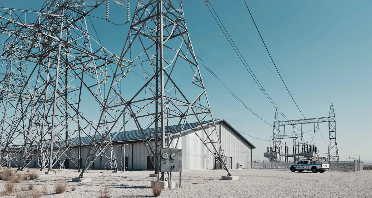 Proveedores energia en México: torres de alta tensión, subestación y nave industrial con paneles solares conectadas a la red de suministro eléctrico
