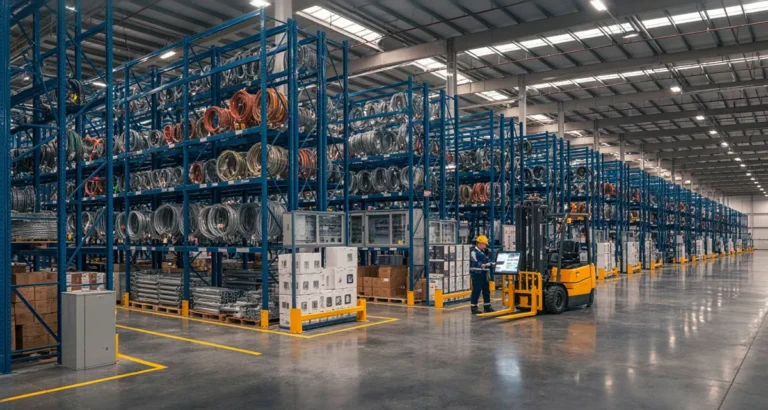 Distribuidores material electrico mexico: centro de distribución mayorista con cable, tableros eléctricos y luminarias LED para instalaciones industriales