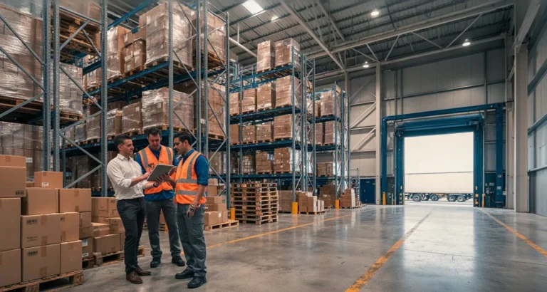 Distribuidores mayoristas en Miami: gerente de compras revisando inventario en una bodega mayorista de Doral lista para exportar a México, Colombia, Perú y Costa Rica en 2026