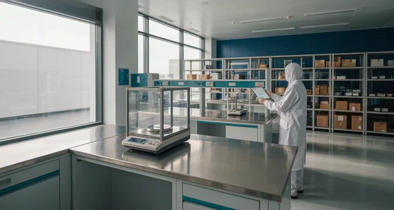 Distribuidores Mettler Toledo en México 2026: balanza analítica de precisión y certificado de calibración EMA sobre la mesada de un laboratorio de control de calidad que abastece la red autorizada